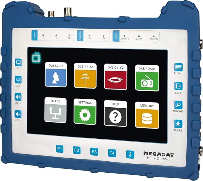 Megasat HD 7 Combo – Messgerät (für DVB-S, DVB-S2, DVB-T, DVB-T2, DVB-C, DAB+, Live-TV Bild, Unicable, 8,9′′ Farbdisplay, Akku, Lampe)