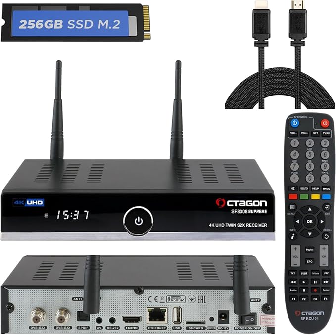 Nein Auslaufartikel (Produktion durch Octagon SF8008 Supreme Twin UHD 4K Sat Receiver mit 256GB Festplatte, Triple Tuner, WiFi, Gigabit LAN, E2 Linux & Define OS
