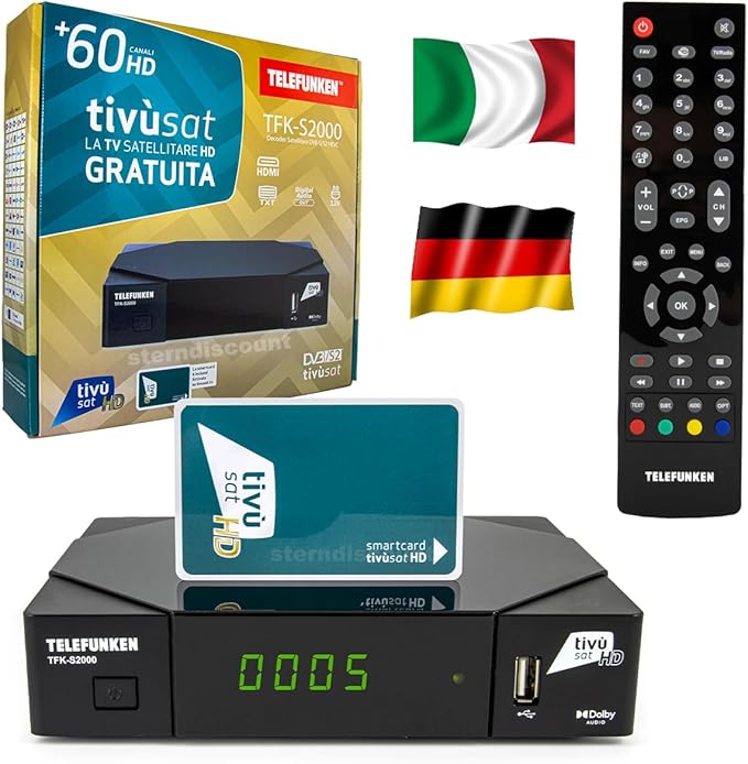 Sterndiscount Telefunken TFKS2000 Tivusat HD Receiver inkl. aktivierter HD-Karte Full HD 1080p für deutsche & italienische Sender