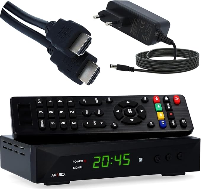 AX Technology SBOX Plus HD Receiver Schwarz, FULL HD, PVR, HDMI, USB, 12V für Camping, Zeitversetztes Fernsehen, Satelliten Set mit HDMI Kab