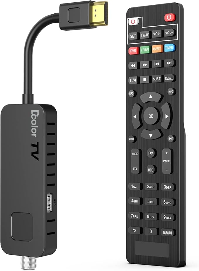 DCOLOR DVB-S Sat Receiver HDMI Full-HD 1080P TV Stick mit Triple Tuner, Astra Hotbird vorinstalliert, USB 2.0 Media Player & PVR-Rekorder
