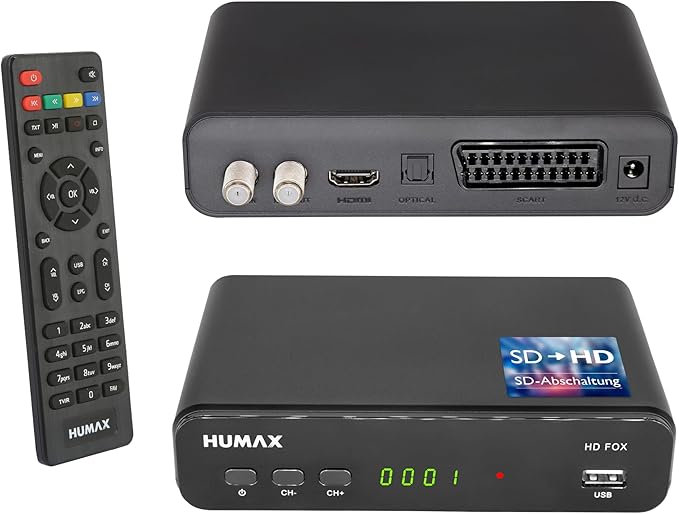Humax-Digital HD Fox Satellitenreceiver R8716 HD 1080P mit 12V Netzteil, Triple Tuner DVB-S/S2, Astra vorinstalliert
