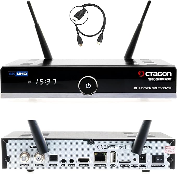 OCTAGON SF8008 UHD 4K Supreme Twin Sat Receiver, 2X DVB-S2X Tuner, E2 Linux & Define OS, mit PVR Aufnahmefunktion, M.2 M Key, Gigabit LAN, Kartenleser, Sat to IP, WiFi WLAN + HM-SAT HDMI Kabel