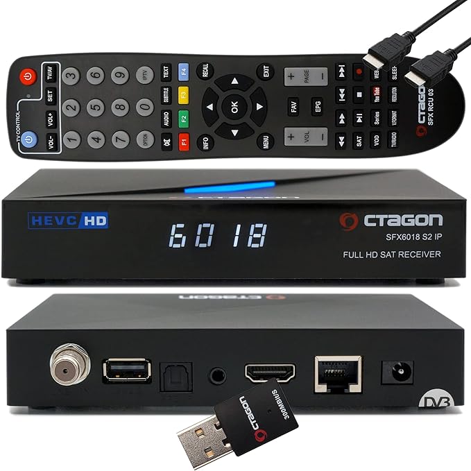OCTAGON SFX6018 S2+IP H.265 HEVC 1x DVB-S2 HD E2 Linux Smart Receiver, Satelliten Receiver mit Aufnahmefunktion, Kartenleser, YouTube, Web-Radio, 300Mbit WLAN Stick + EasyMouse HDMI-Kabel, Schwarz