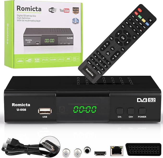 Romicta HD Satelliten Receiver HDMI mit Triple Tuner, DVB-S/S2, PVR, USB Mediaplayer, LAN, SCART, YouTube & Wetter