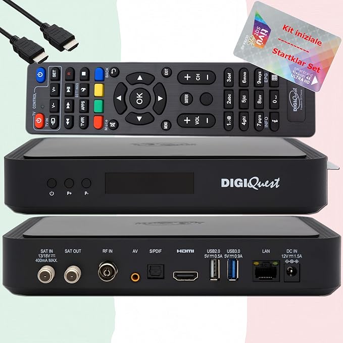 TiVuSat Karte 4K UHD + DIGIQuest Q80 Sat Receiver 4K H.265 S2+T2 HEVC Set-Top Box, zertifizierter TiVuSat Receiver mit Karte (AKTIVIERT), Mediaplayer, WebRadio, USB, HTS HDMI Kabel