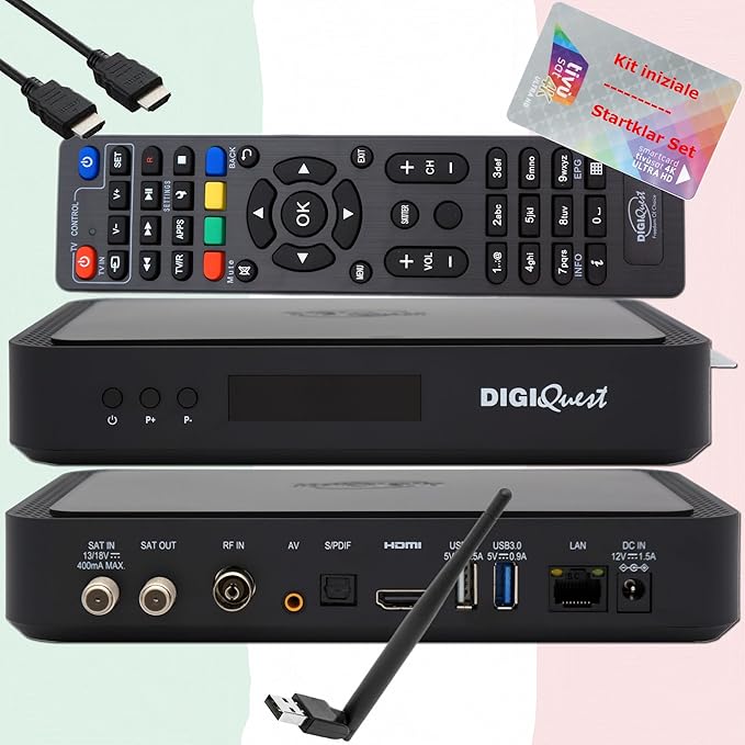 DIGIQuest Solutions s.u.r.l Q80 HEVC 4K UHD Sat Receiver mit TiVuSat Karte (aktiviert), WiFi, DVB-S2/T2, Mediaplayer, WebRadio