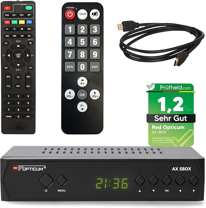 AX Technology OPTICUM HD Satellitenreceiver mit Aufnahmefunktion, PVR, Timeshift, HDMI, SCART, USB, Seniorenfernbedienung & HDMI-Kabel