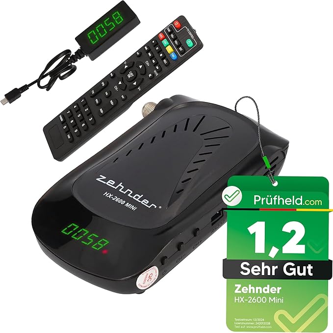 AX Deutschland GmbH Zehnder HX 2600 Mini Digital Sat Receiver HD mit Aufnahmefunktion, 12V für Camping & Zuhause, lernbare Fernbedienung