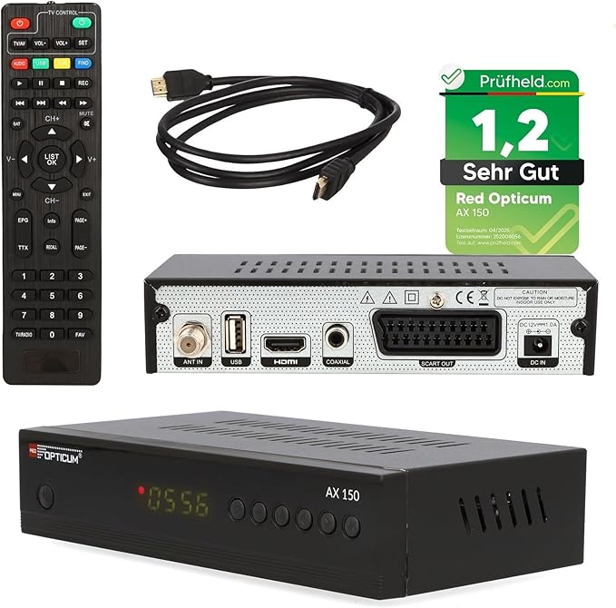 N/A RED OPTICUM AX 150 Satelliten-Receiver HD mit Aufnahmefunktion PVR, 12V Netzteil ideal für Camping, HDMI, SCART, USB, Coaxial