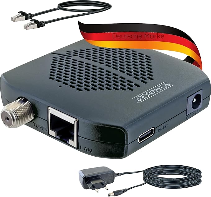 SCHWAIGER DSRD0100 HD SAT Receiver DVB-S2 Triple Tuner WLAN Netzwerk-Dongle kabellos TV-Streaming für TV2Smart App vorprogrammiert Astra