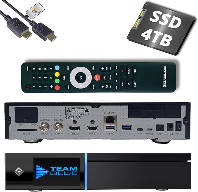 GigaBlue UHD Quad 4K Pro 2X FBC DVB-S2 Twin Sat Receiver mit Dual Core CPU, E2 Linux OS, 4GB RAM, 8GB eMMC, Bluetooth 5.4, H.265, 1200Mbit WLAN, 3X USB 3.0, HTS e-com HDMI-Kabel + 4TB SSD