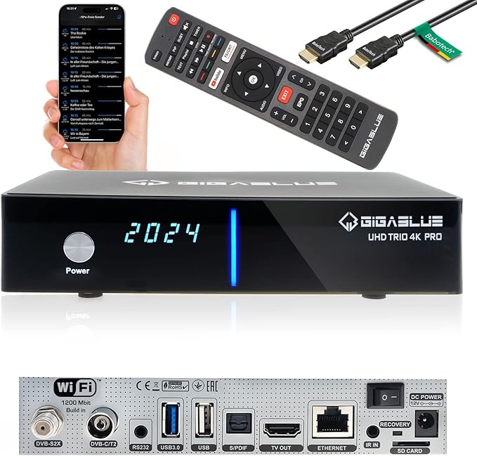 Gigablue UHD Trio 4K PRO Sat-Receiver Triple Tuner DVB-S2X/C/T2 mit 256 GB HDD, WLAN, Bluetooth, 12V – 256GB