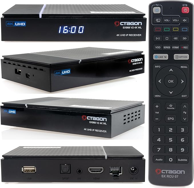 Octagon SX988 V2 4K UHD Linux Smart TV Receiver mit WLAN, SAT>IP, Multiroom Client, HDMI CEC, Mediathek – OCTAGON